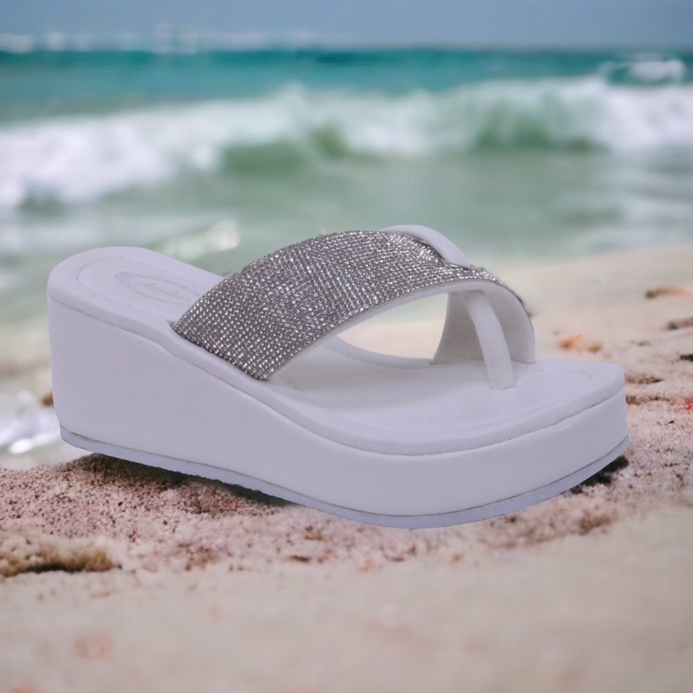 Size 5.5 Italina White Silver Rhinestone Embellished Platform Thong Sandal